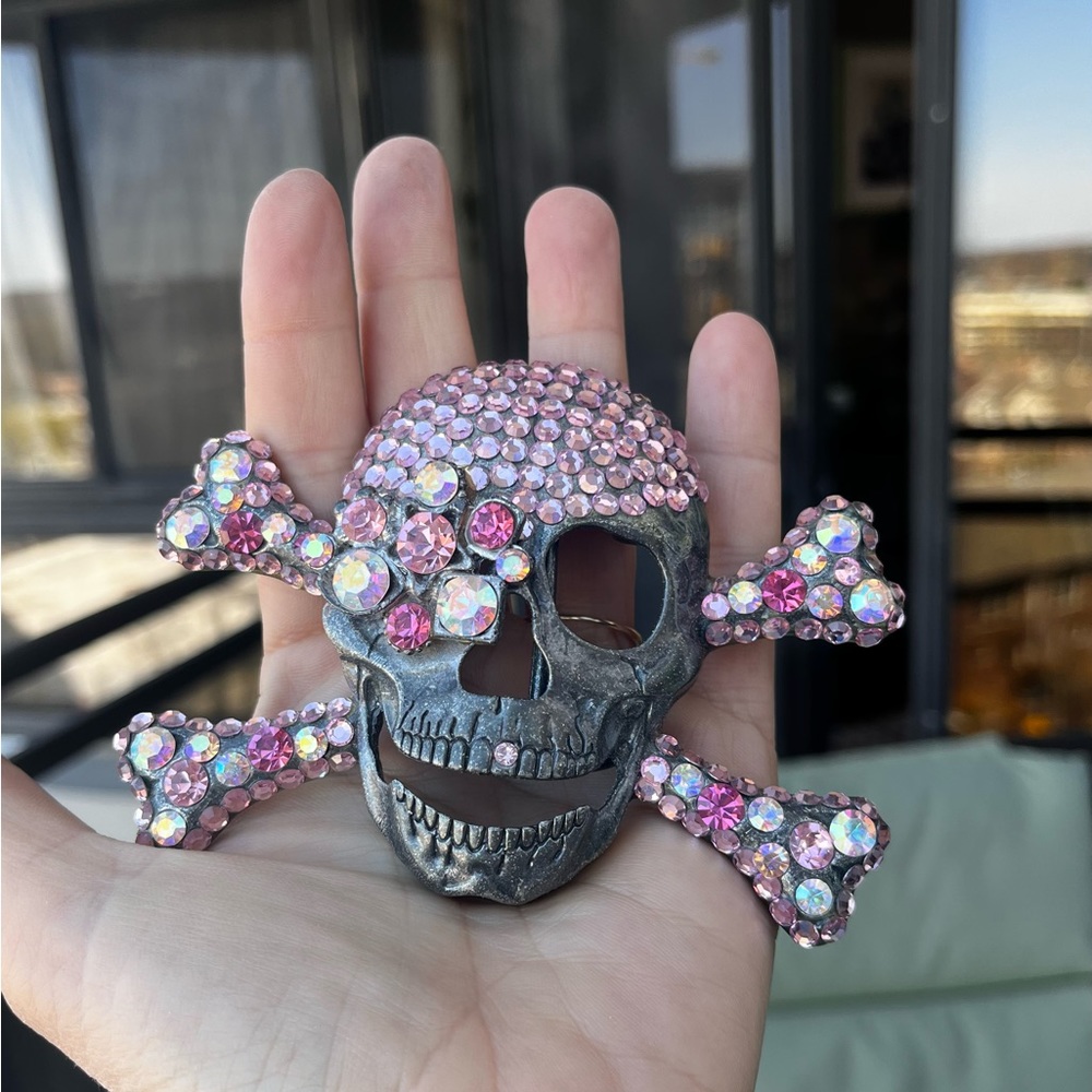 Pink Jeweled Skull and Cross Bone Pirate Belt Buckle
